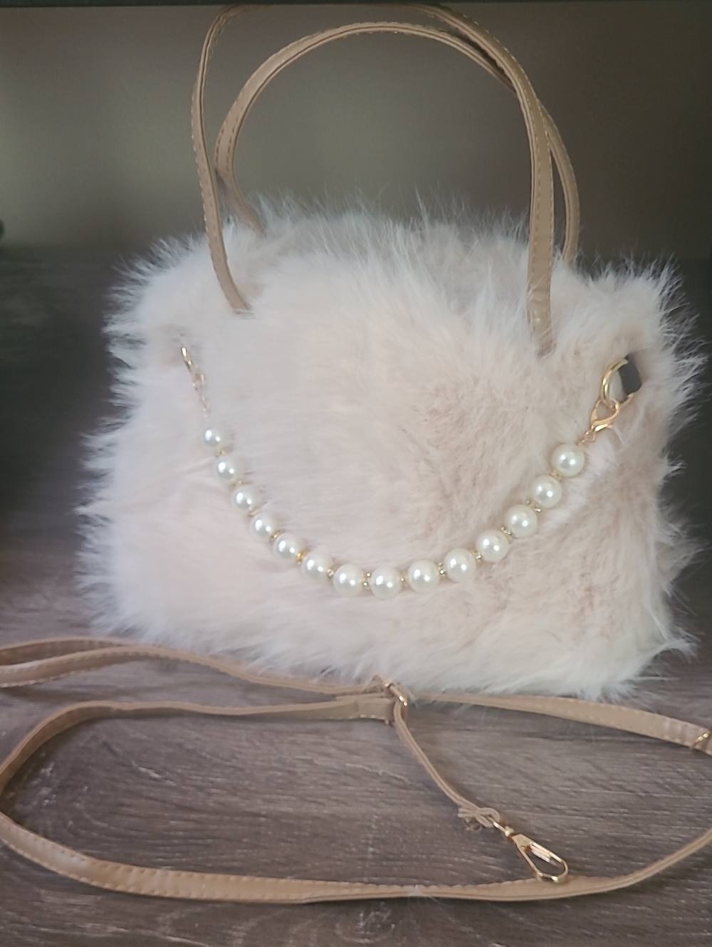 Faux Fur Pearl-Accent Tote Bag in Blush
